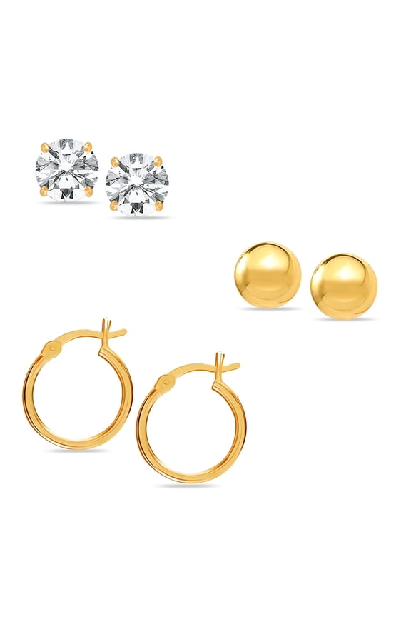 Gold Plated Set of 3 Pair Small CZ Stud Hoop Earrings for Women (5mm, 5mm, 15mm)