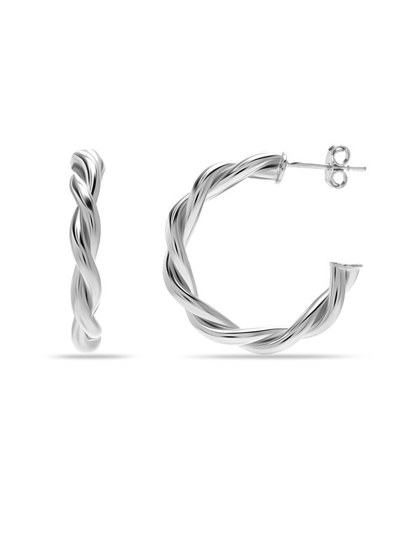 Rhodium Plated Twisted Small C Hoop Earrings for Women 25 MM