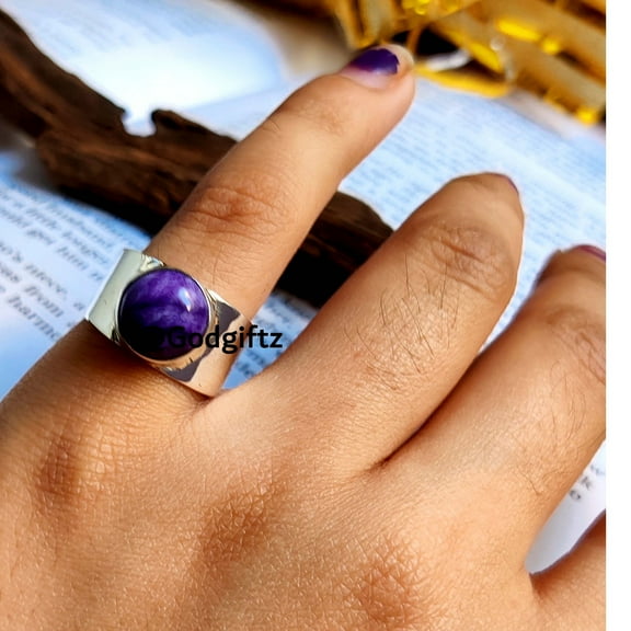 Charoite Gemstone Ring: Round Cabochon, 925 Sterling Silver