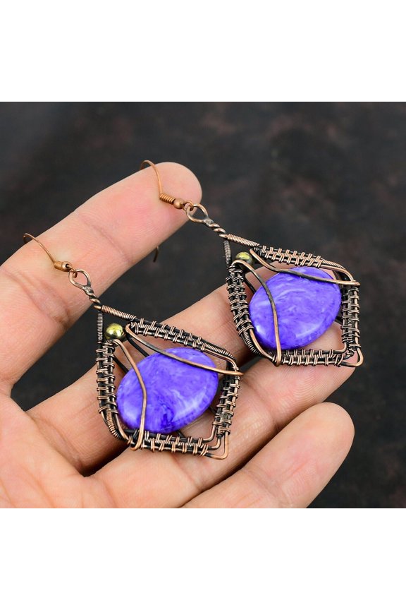 Charoite Jewelry Copper Wire Wrapped Drop/Dangle Earrings For Women 3.07"