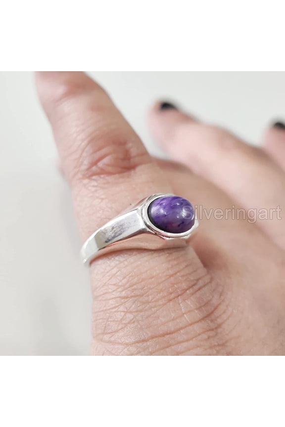 Charoite Mans Tiny Ring, Natural Charoite Womens Ring, Plain Silver Jewelry, 925 Silver Ring, Birthday Gift, Mens Ring, Plain Design, Ottoman Style Ring, Christmas, Turkey Dainty Ring