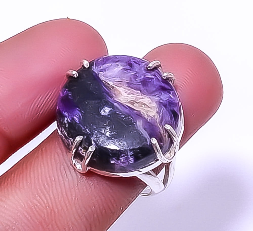 ZAM GEMS Charoite - Siberia 925 Sterling Silver Solitaire Ring Size 8.5|Handmade Ring, Gift for her, Purple Ring, Gemstone Silver Jewelry