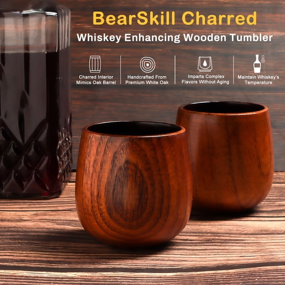 Charred Wooden Bourbon Cup Set for Whiskey Lovers, Includes 2 Wooden Whiskey Cups and 8 Whiskey Stones, Vintage Style Bar Accessories, Gift for Men, Birthday or Retirement Gift