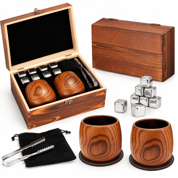 Charred Wooden Drinking Tumbler Set with 8 Stones, Handcrafted Oak Cups