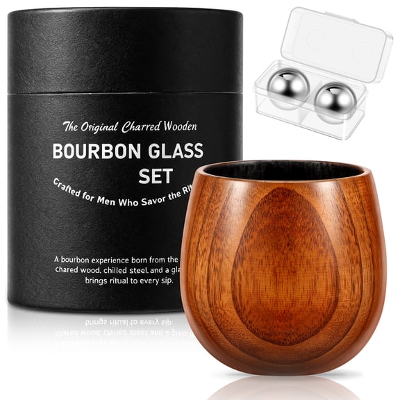 Charred Oak Whiskey Glass Set with Stainless Steel Ice Balls, Handcrafted Solid Wood Bourbon Tumbler Gift for Men