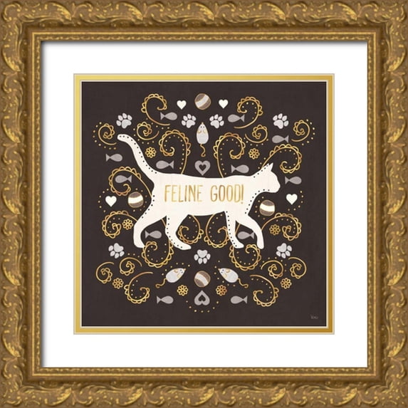 Charron, Veronique 15x15 Gold Ornate Wood Framed with Double Matting Museum Art Print Titled - Otomi Cats II Dark Neutral
