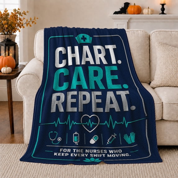 Chart Care Repeat Nurse Appreciation Text, Cozy Typography Art Scene, Warm Flannel Blanket for Living Room and Reading Nook, Art Lovers Graduation Gift, Artistic Home Decor