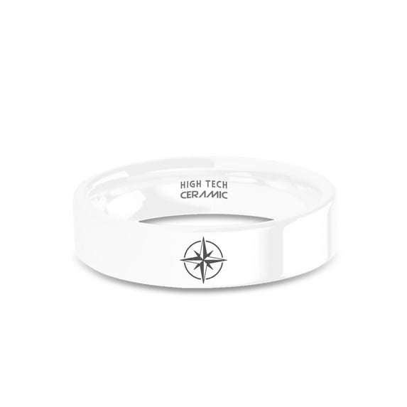 Chart Map Compass Laser Engraved White Polished Ceramic Wedding Band, 6mm, Size 8