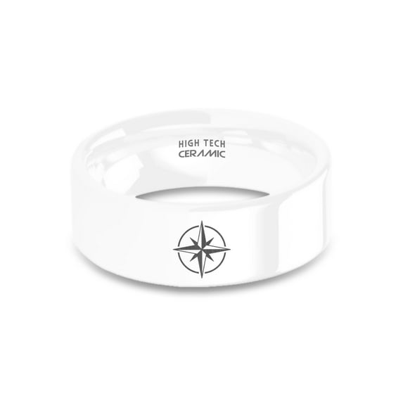 Chart Map Compass Laser Engraved White Polished Ceramic Wedding Band, 8mm, Size 10