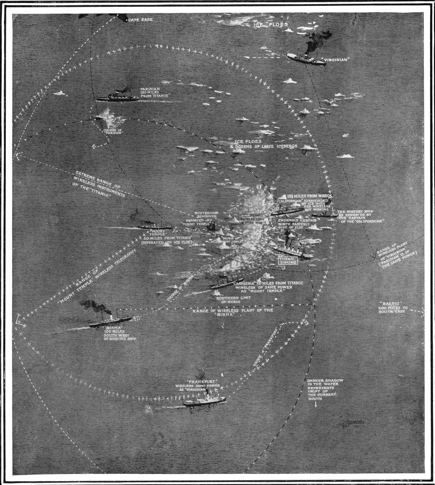 Chart Of The Rms Titanic Wreck Site Showing Ships Within Call By Wireless At The Time Of The Collision Canvas Art - Ken Welsh Design Pics (13 x 15)