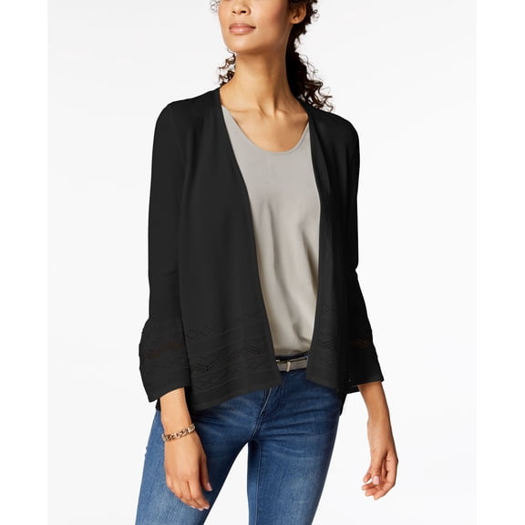 Charter Club 3/4 Sleeve Pointelle Knit Cardigan Deep Black L