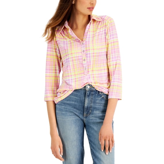 Charter Club Ada Plaid Print Polo Top Freesia Dusk Combo L