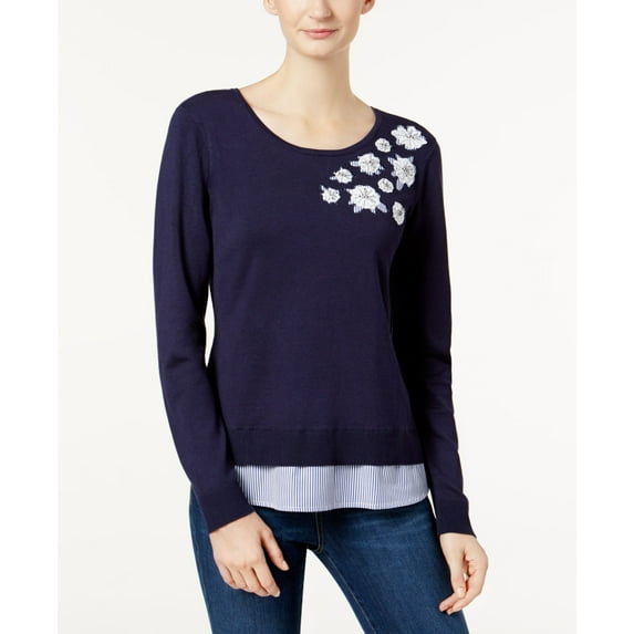 Charter Club Applique Layered Look Sweater Intrepid Blue XL
