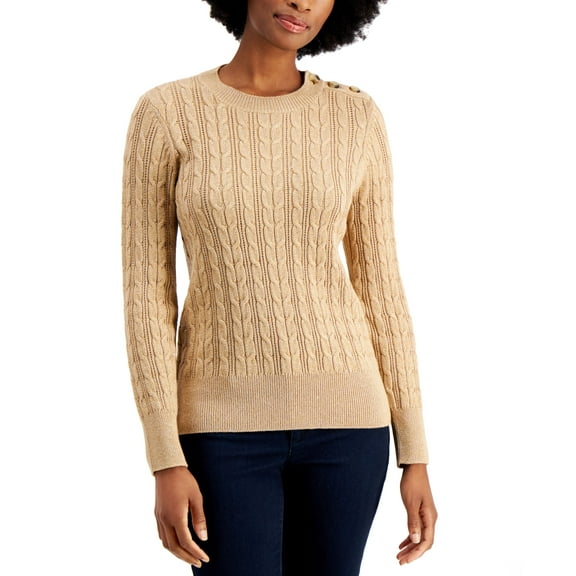 Charter Club Button Shoulder Cable Knit Sweater Warm Camel Heather Combo XS