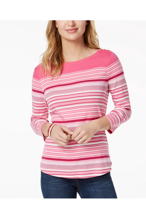 Button Shoulder Print Top Merrie Pink Stripes 2XL