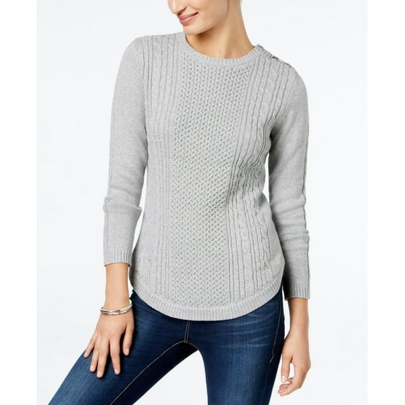Charter Club Button Shoulder Sweater Grey Combo L