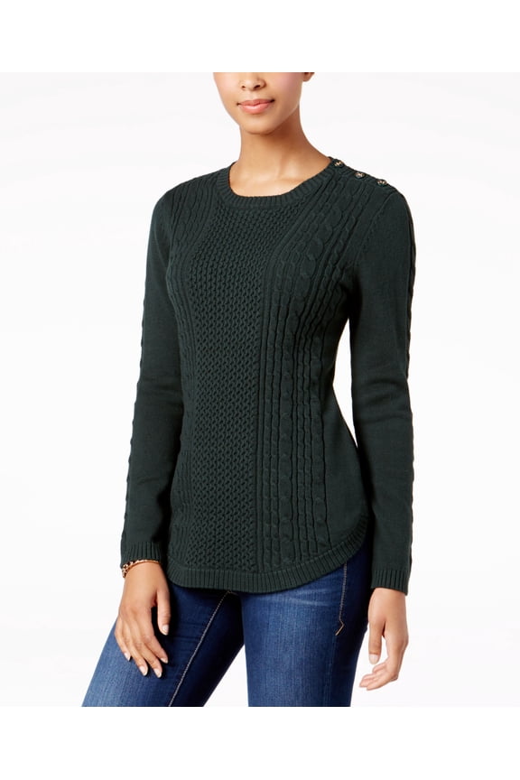 Cable Knit Button Detail Sweater Dark Evergreen 2XL