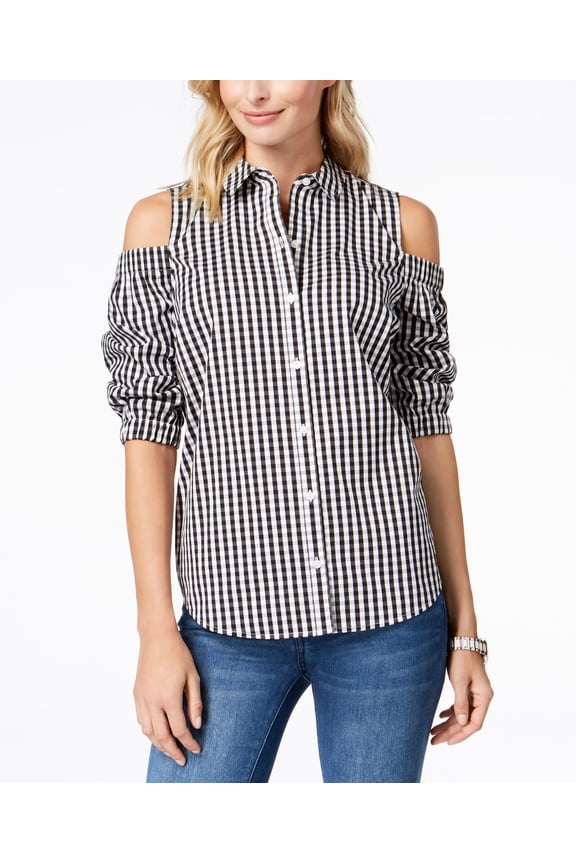 Cold Shoulder Gingham Shirt Deep Black Combo 14