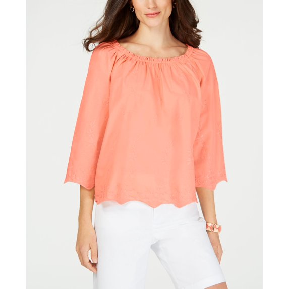 Charter Club Convertible Embroidered Cotton Top Peach Amber 2XL