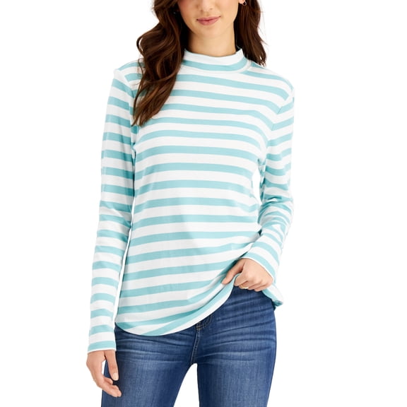 Charter Club Cotton Blithe Striped Mock Neck Top Porceln Green Combo L
