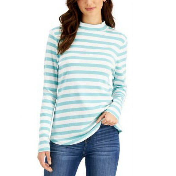 Charter Club Cotton Blithe Striped Mock Neck Top Porceln Green Combo M