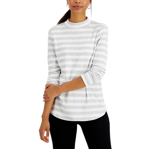 Charter Club Cotton Blithe Striped Mock Neck Top Slate Heather Combo XS