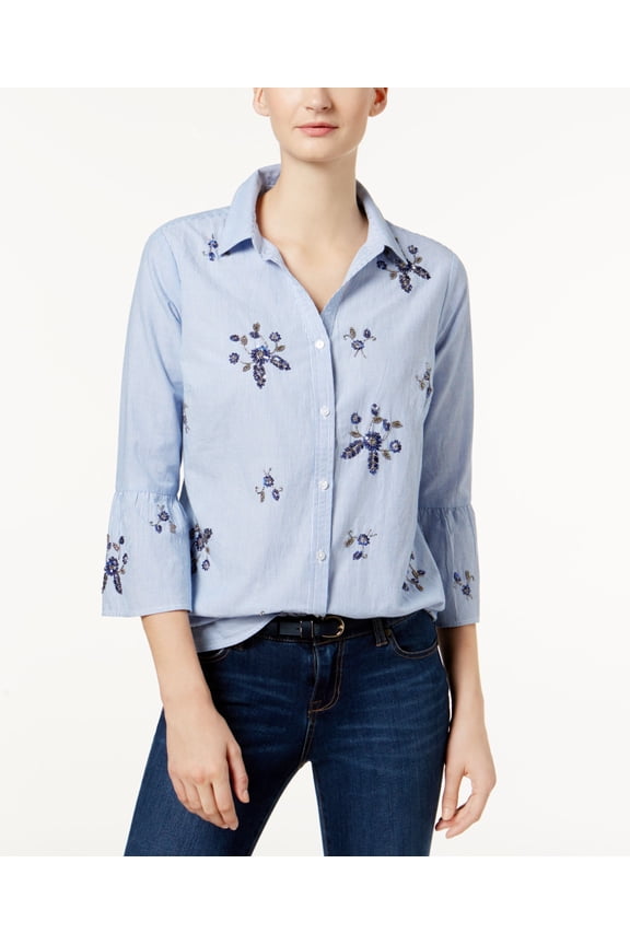 Cotton Embellished Bell Sleeve Shirt Classic Blue Combo 14