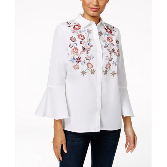 Charter Club Cotton Embroidered Bell Sleeve Shirt Bright White 14