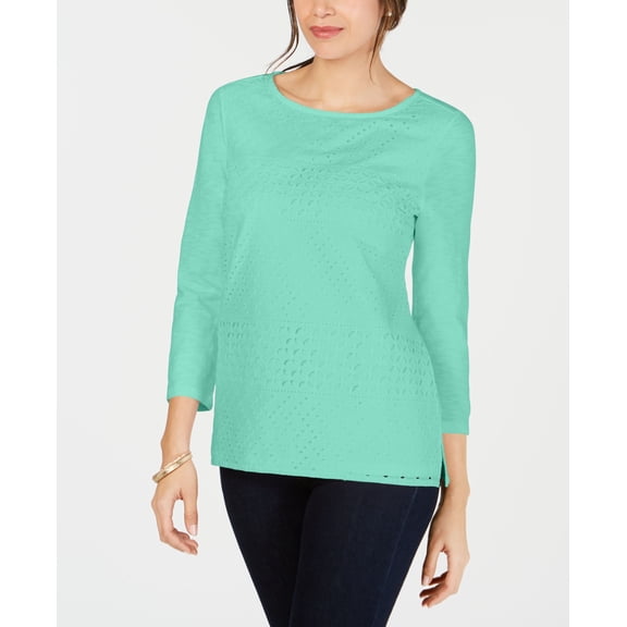 Charter Club Cotton Eyelet Lace Top Aqua Gloss M