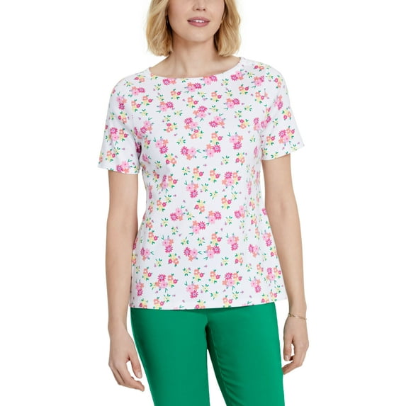 Charter Club Cotton Floral Print T-Shirt Birght White Combo XS