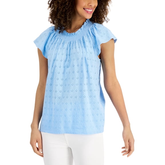 Charter Club Cotton Flutter Sleeve Eyelet Top Pale Blue Glacier XL