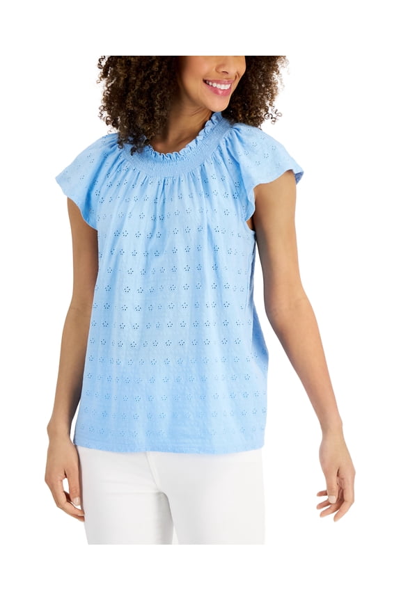 Cotton Flutter Sleeve Eyelet Top Pale Blue Glacier XL