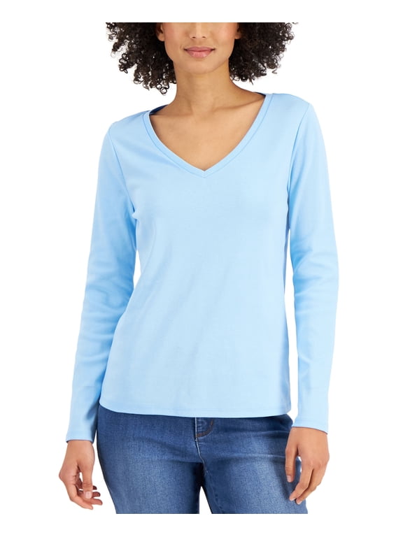 Cotton Long Sleeve V Neck T-Shirt Pale Blue Glacier M