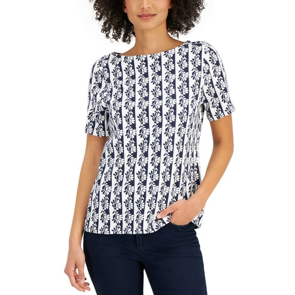 Charter Club Cotton Printed Boat-Neck Top Birght White Combo S
