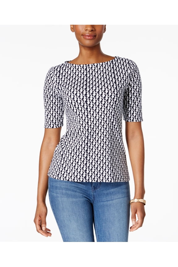 Cotton Printed Boat Neck Top Intrepid Blue Seahorse Combo XS