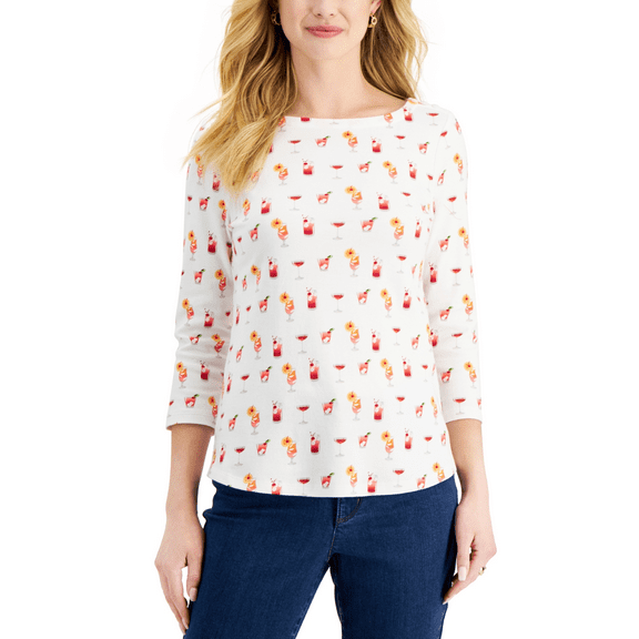 Charter Club Cotton Printed Top Bright White Multi M