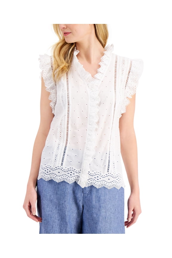 Cotton Ruffled Eyelet Top Bright White M