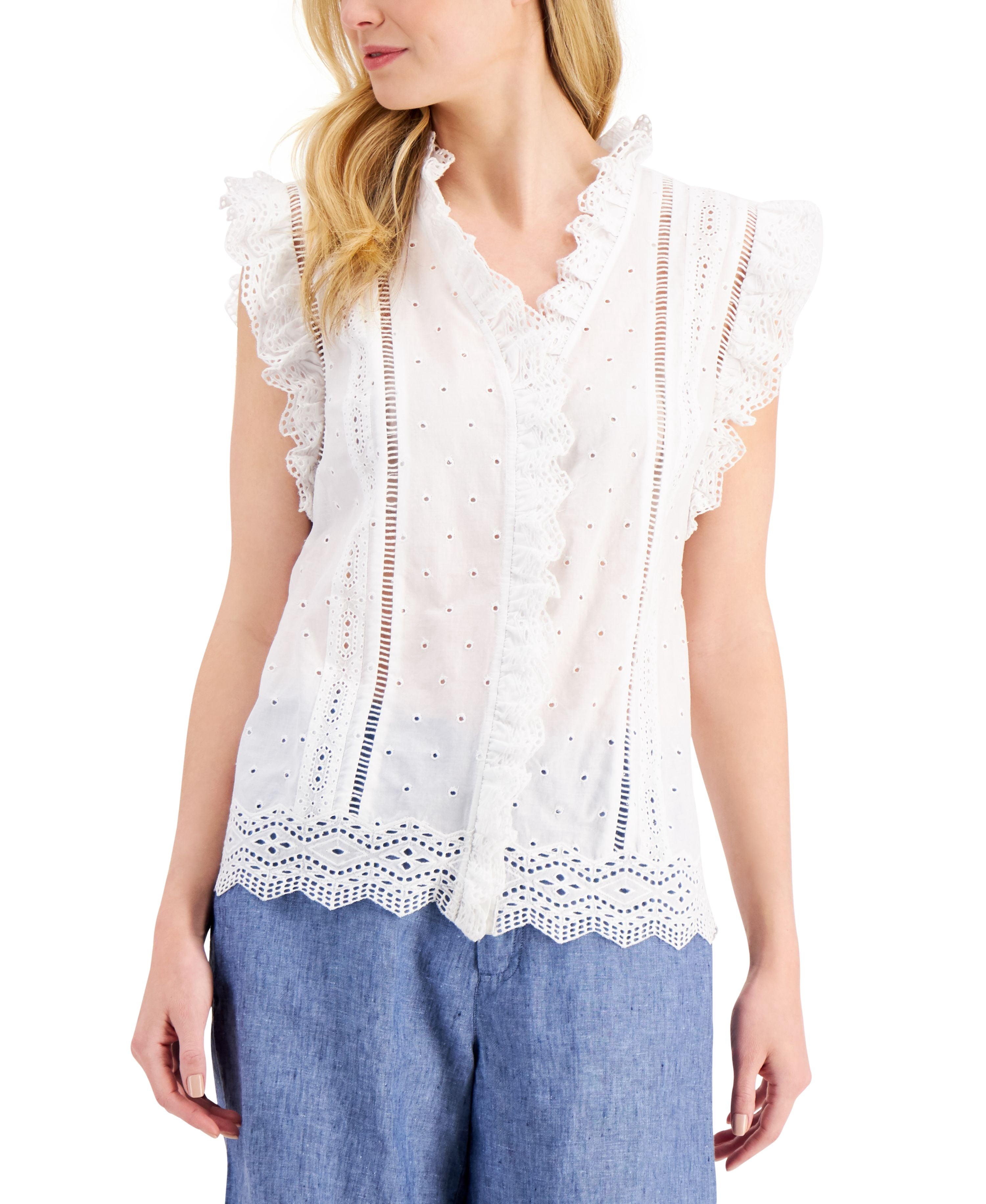Charter Club Cotton Ruffled Eyelet Top Bright White XS