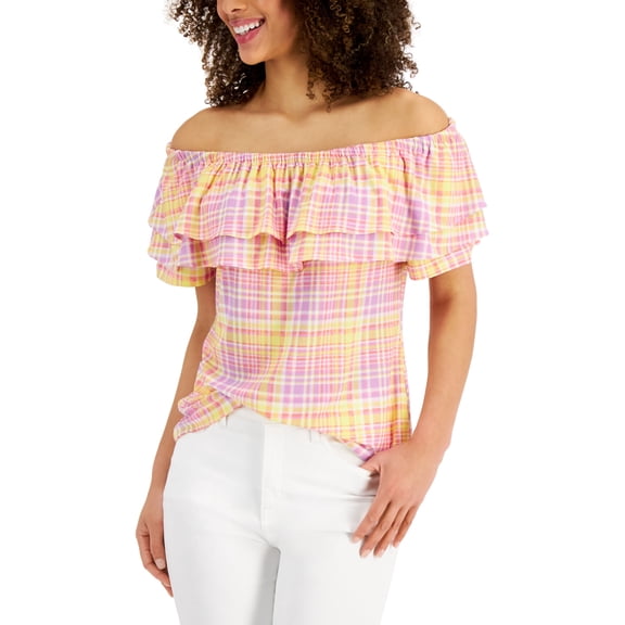 Charter Club Cotton Ruffled Off The Shoulder Top Freesia Dusk Combo XS