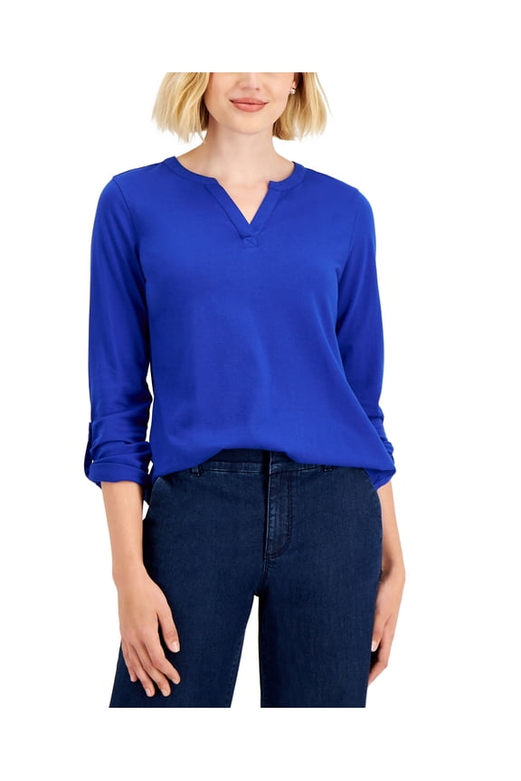 Cotton Split-Neck Top Modern Blue L