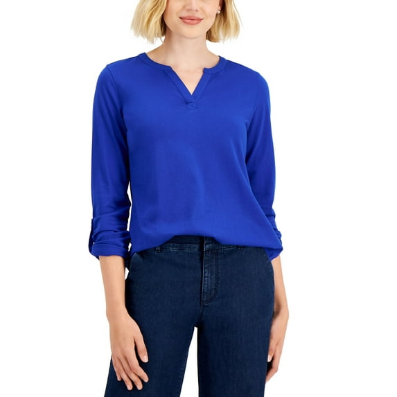 Charter Club Cotton Split-Neck Top Modern Blue L