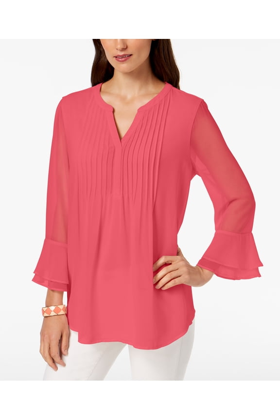 Double Ruffle Solid Pintuck Top Bright Pine XS