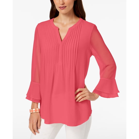 Charter Club Double Ruffle Solid Pintuck Top Bright Pine XS