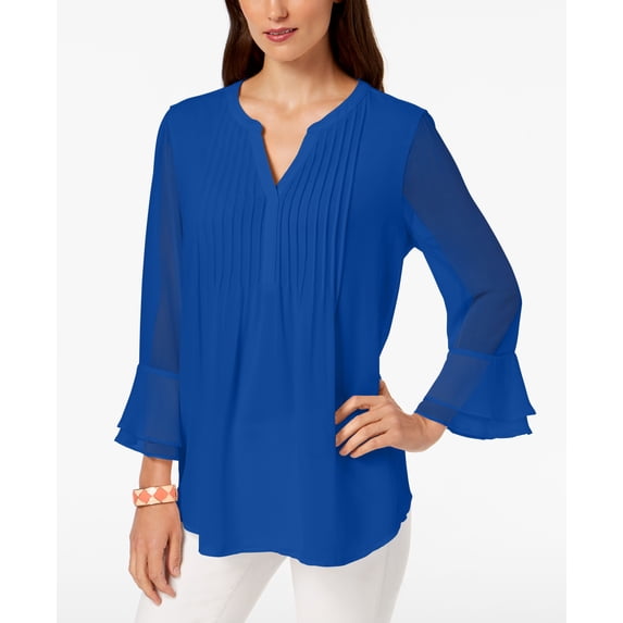 Charter Club Double Ruffle Solid Pintuck Top Northern Lights XS