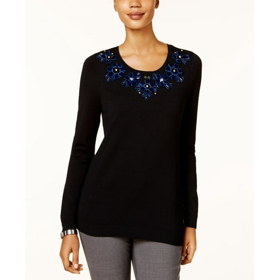 Charter Club Embellished Neck Sweater Deep Black XS