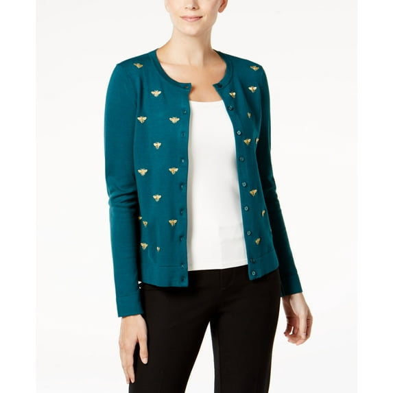 Charter Club Embroidered Long Sleeve Cardigan Deep Pine Combo L