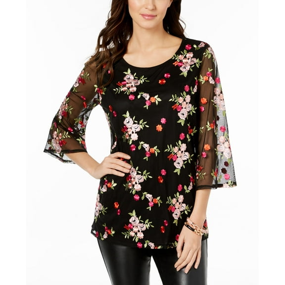 Charter Club Embroidered Mesh Tunic Deep Black S