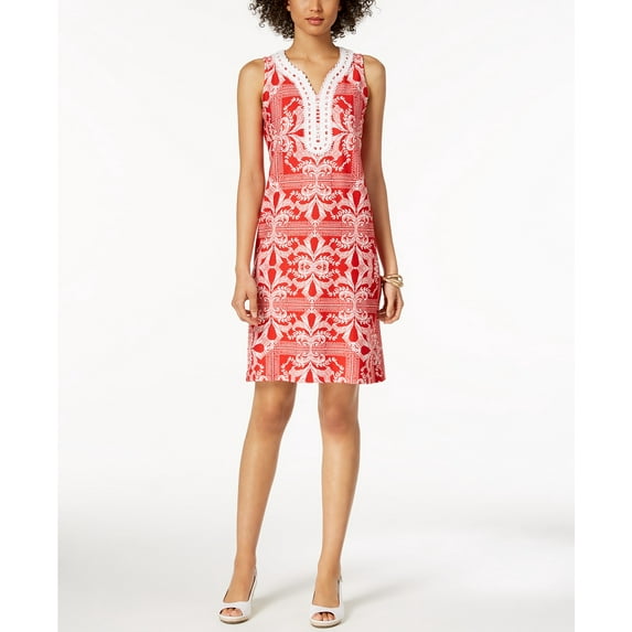 Charter Club Embroidered Split Neck Shift Dress Warm Spice Combo S