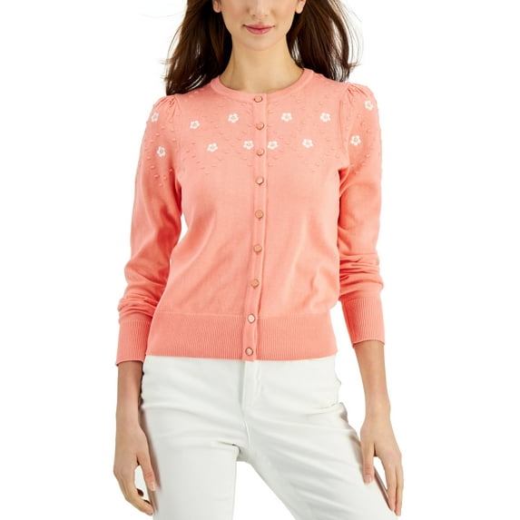 Charter Club Embroidered Yoke Cardigan Sandy Pink L