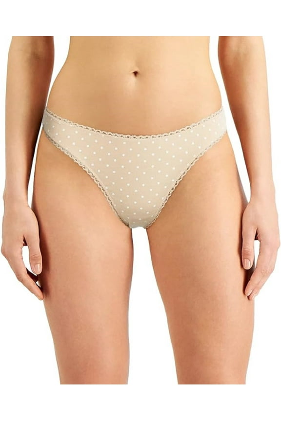 Everyday Cotton Womens Lace-Trim Thong, Beige, Small